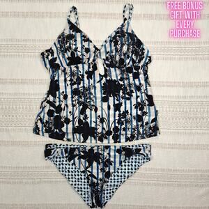 Lucky Brand Blue Black Floral Tankini Swim Set Size L NEW